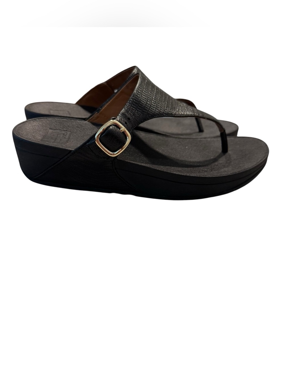 FitFlop The Skinny Toe Thong Black Snake Leather Sandals Comfort Wedge Size 9